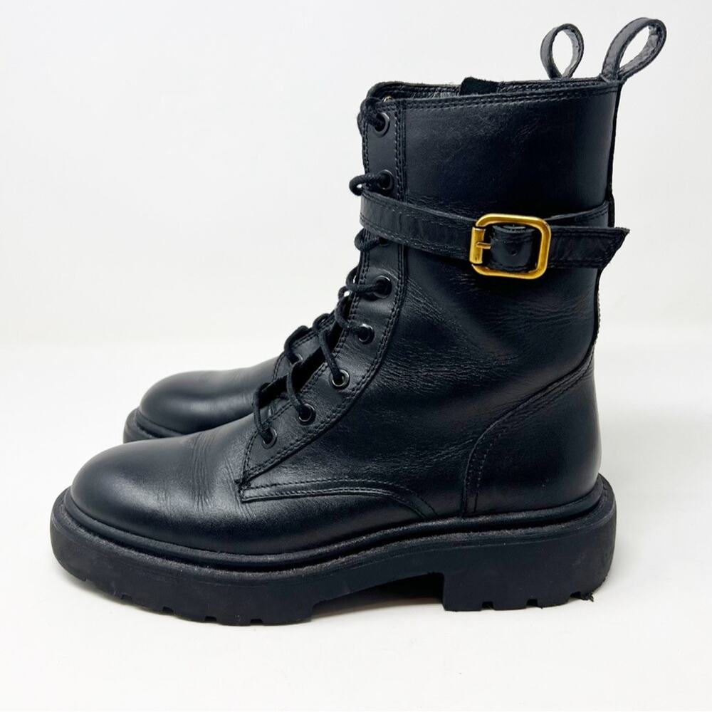 Zara Lace Up Leather Ankle Chunky Boots Black Size 8.5